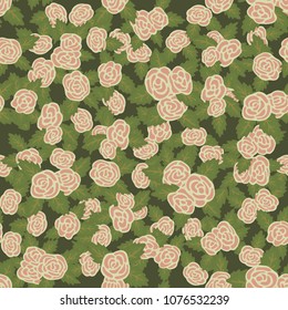 Colorful seamless pattern. Hand drawn pink roses on green background