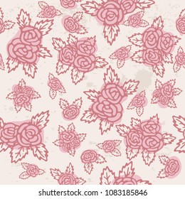 Colorful seamless pattern. Hand drawn pink roses on beige background. Vintage design
