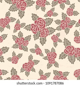 Colorful seamless pattern. Hand drawn pink roses on beige background. Flowers vintage theme
