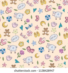 Colorful seamless pattern with hand drawn text and elements on theme of childhood, baby, vector illustration