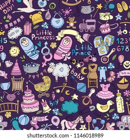 colorful seamless pattern with hand drawn text and elements on theme of childhood, baby, vector illustration