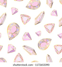 Colorful Seamless Pattern With Hand Drawn Crystals And Gems In Pink, Lilac Tones With Gold Contour, Vector Illustration