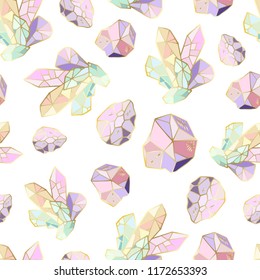 Colorful seamless pattern with hand drawn crystals and gems in pink, lilac tones with gold contour, vector illustration