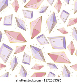 Colorful seamless pattern with hand drawn crystals and gems in pink, lilac tones with gold contour, vector illustration