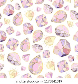Colorful seamless pattern with hand drawn crystals and gems in pink, lilac tones with gold contour, vector illustration