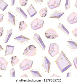 Colorful Seamless Pattern With Hand Drawn Crystals And Gems In Pink, Lilac Tones With Gold Contour, Vector Illustration