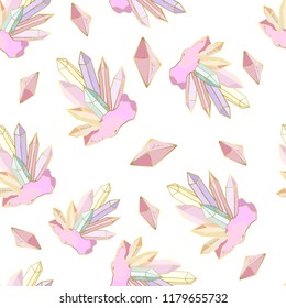 Colorful seamless pattern with hand drawn crystals and gems in pink, lilac tones with gold contour, vector illustration