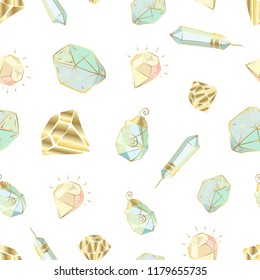 Colorful seamless pattern with hand drawn crystals and gems in pink, lilac tones with gold contour, vector illustration