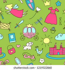 Colorful seamless pattern with hand drawn brougham, castle, fairy, magic wand, crown, hat, flowers, dress, sword, shield, shoe, bag, butterfly, bird, mask. Vector illustration in doodle style