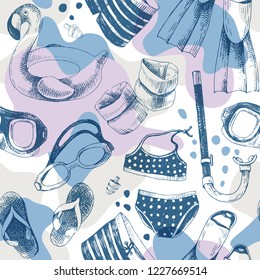 Colorful seamless pattern with hand drawn swimming accessories. Vector illustration