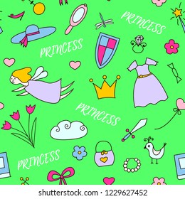 Colorful seamless pattern with hand drawn fairy, magic wand, crown, hat, flowers, dress, sword, shield, shoe, bag, butterfly, bird, mask and lettering. Vector illustration in doodle style