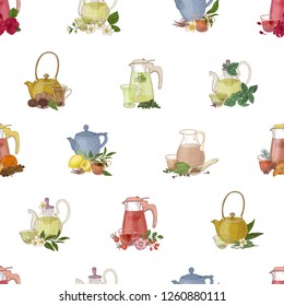 Colorful seamless pattern with hand drawn tools for brewing and drinking tea - glass teapot, cup, lemon, herbs and spices. Elegant vector illustration for textile print, wrapping paper, wallpaper.