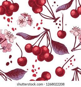 Colorful seamless pattern with hand drawn cherries. Vector illustration