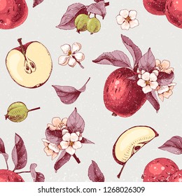 Colorful seamless pattern with hand drawn apple fruits and flowers in vintage style. Vector illustration