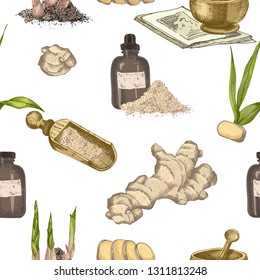 Colorful Seamless pattern hand drawn of Ginger roots, lives and flowers isolated on white background. Retro vintage graphic design Botanical sketch drawing, engraving style. Vector illustration.