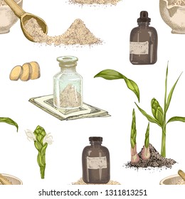 Colorful Seamless pattern hand drawn of Ginger roots, lives and flowers isolated on white background. Retro vintage graphic design Botanical sketch drawing, engraving style. Vector illustration.