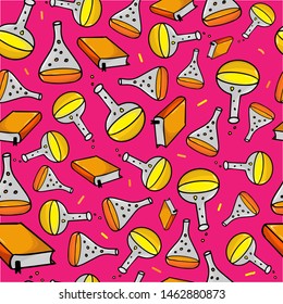 colorful seamless pattern of hand drawn books, chemistry flasks on pink background. School theme. Good for stationery, scrapbooking, prints, wallpaper, etc. EPS 10