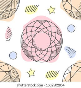 Colorful seamless pattern with hand drawn crystals and gems in pink, lilac tones with gold contour, illustration