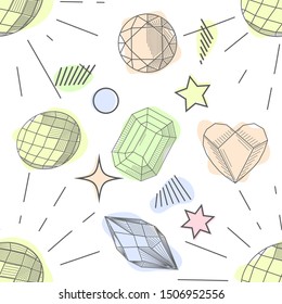 Colorful seamless pattern with hand drawn crystals and gems in pink, lilac tones with gold contour, illustration