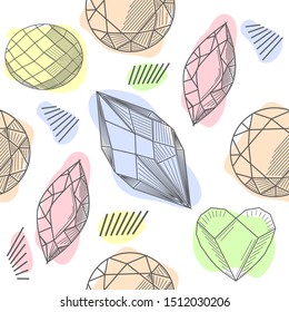 Colorful seamless pattern with hand drawn crystals and gems in pink, lilac tones with gold contour, illustration