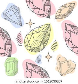 Colorful seamless pattern with hand drawn crystals and gems in pink, lilac tones with gold contour, illustration