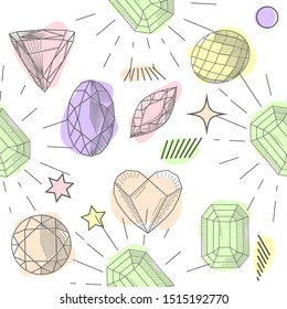 Colorful seamless pattern with hand drawn crystals and gems in pink, lilac tones with gold contour, illustration