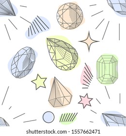 Colorful seamless pattern with hand drawn crystals and gems in pink, lilac tones with gold contour, illustration