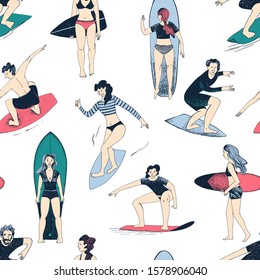 Colorful seamless pattern with hand drawn people surfing. Sports and recreation. Vector illustration