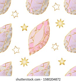 Colorful seamless pattern with hand drawn crystals and gems in pink, lilac tones with gold contour