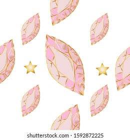Colorful seamless pattern with hand drawn crystals and gems in pink, lilac tones with gold contour
