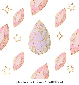 Colorful seamless pattern with hand drawn crystals and gems in pink, lilac tones with gold contour