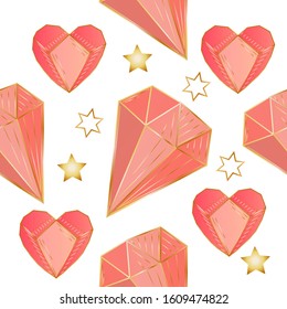 Colorful seamless pattern with hand drawn crystals and gems in pink, lilac tones with gold contour
