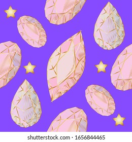 Colorful seamless pattern with hand drawn crystals and gems in pink, lilac tones with gold contour