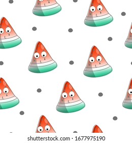Colorful seamless pattern with hand drawn cute watermelon slices. Vector isolated juicy texture for textile.