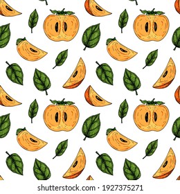 Colorful seamless pattern with hand drawn persimmon slices. Vector illustration in colored sketch style. 