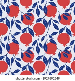 Colorful seamless pattern of hand drawn red pomegranate and leaves. Perfect for textile manufacturing wallpaper posters etc. Vector illustration