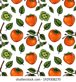 Colorful seamless pattern with hand drawn persimmon. Vector illustration in colored sketch style. 