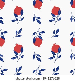 Colorful seamless pattern of hand drawn red pomegranate and leaves. Perfect for textile manufacturing wallpaper posters etc. Vector illustration