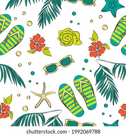 Colorful seamless pattern with hand drawn summer elements such as seashels, flip flops, starfish, sunglasses, palm leaves. Summer vacation content vector background.