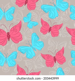 Colorful seamless pattern with hand drawn butterflies. Vector illustration.