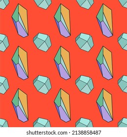 Colorido patrón sin fisuras con cristales dibujados a mano y joyas en un fondo rojo. Ilustración vectorial, diseño plano, dibujos animados.