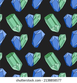 Colorful seamless pattern with hand drawn crystals and gems in blue and green tones. Vector illustration, flat design, cartoon.
