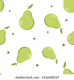 Colorful seamless pattern of hand drawn pears and green leaves on white background. Scandinavian design style. Perfect for textile manufacturing wallpaper posters etc. Vector illustration