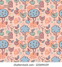 Colorful seamless pattern in hand drawn style on village theme