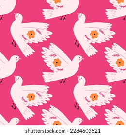 Colorful seamless pattern with hand drawn dove bird, flat vector illustration on pink background. Funky and quirky pattern with concept of love and Valentine's day.
