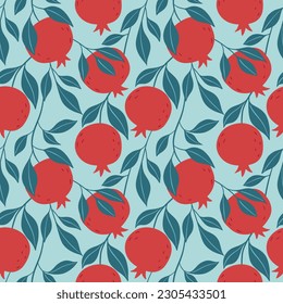 Colorful seamless pattern of hand drawn red pomegranate and leaves. Perfect for textile manufacturing wallpaper posters etc. Vector illustration