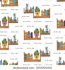 Colorful seamless pattern with hand drawn doodle cute books on a bookshelf in a cozy setting with houseplants and heart shapes.