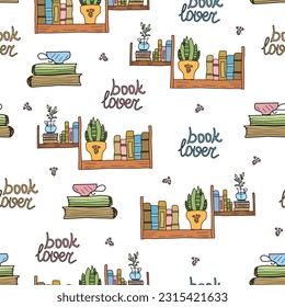 Colorful seamless pattern with hand drawn doodle cute books on a bookshelf in a cozy setting with heart shapes, houseplants, a cup on a stack of books, and a Booklover lettering.