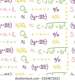 Colorful seamless pattern with hand drawn doodle chemical, mathematical, geometric formulas and symbols on a white background