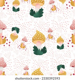 Colorful seamless pattern with hand drawn mushrooms in grass, cute Fly Agaric and dots in cartoon style on white background.